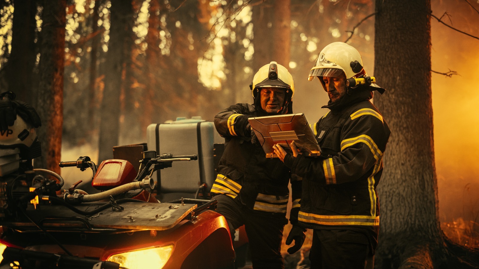 Firefighters with tablet computer