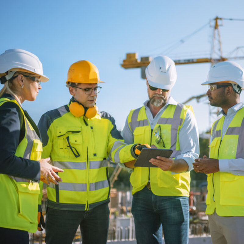 Construction workers on building site in huddle meeting