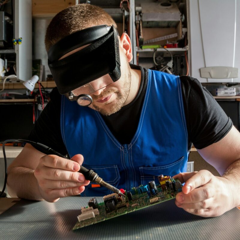 Technician working on circuit board