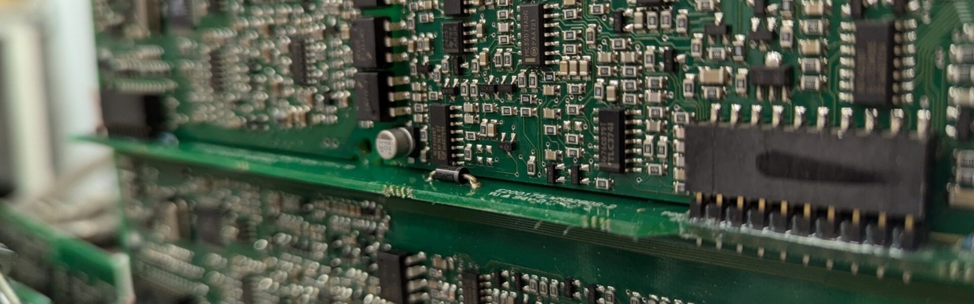 Closeup of chips in a printed circuit board